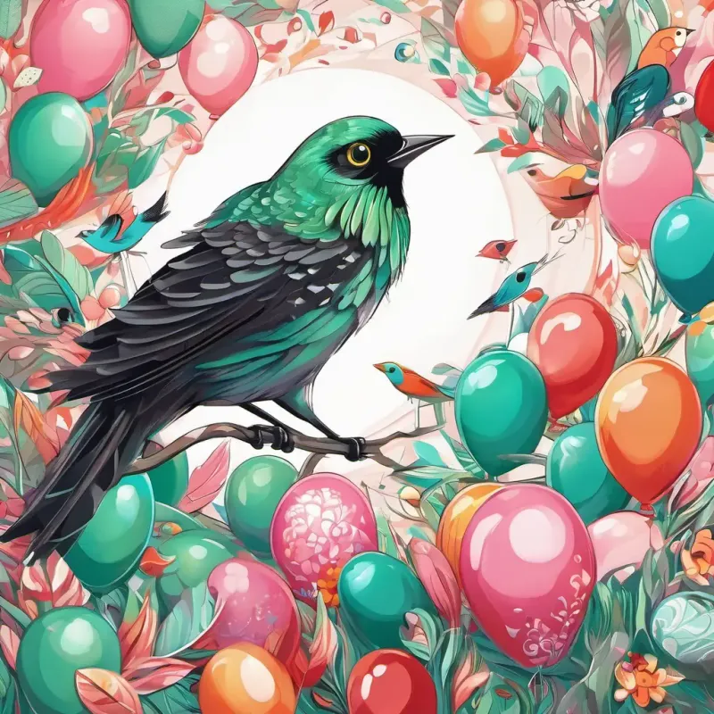 The birds are working together. Pony is a medium-sized bird with brown feathers and big, round eyes is using her wings to block the wind, Sardine is a tiny bird with gray feathers and shiny black eyes and Pinky is a cute bird with pink feathers and adorable black eyes are catching the food, and Reddy is a small bird with red feathers and sparkling green eyes is watching over the balloons.