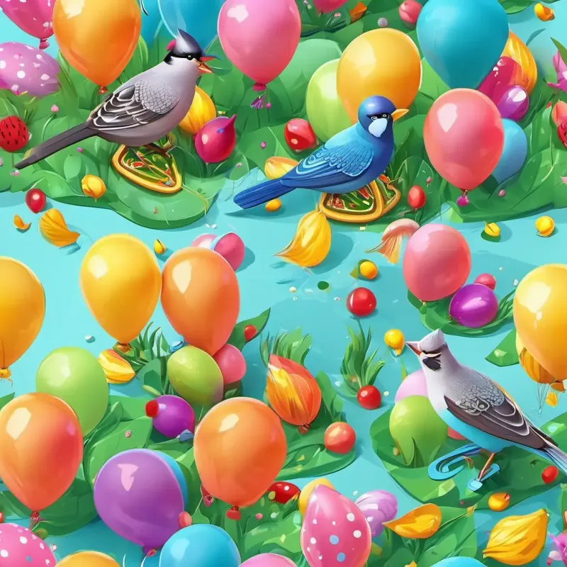 The birds are happily eating their food, smiling and laughing. The balloons are still floating in the air, adding to the joyous atmosphere.