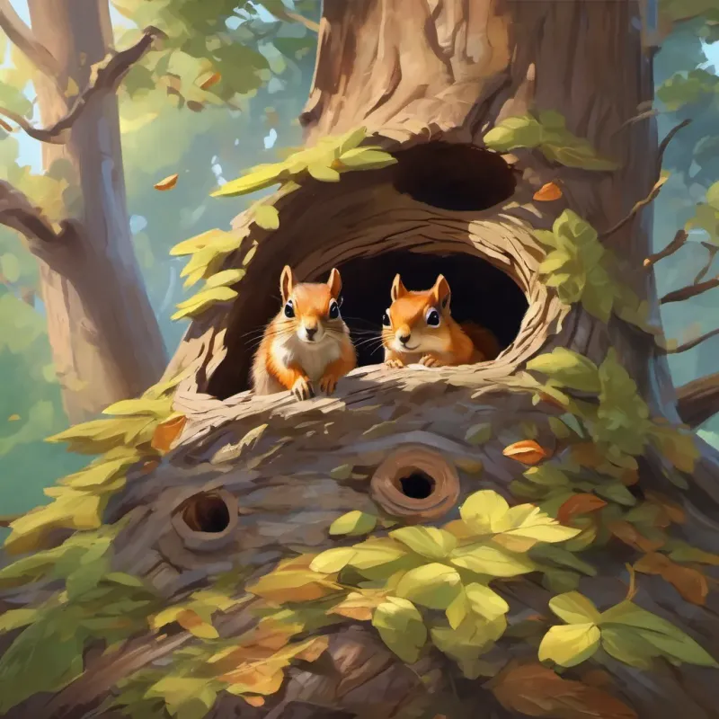 A family of squirrels in a tree hole nest