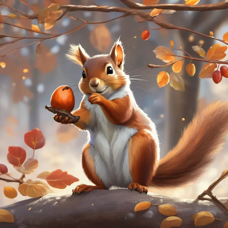 A squirrel holding up an acorn to a robin