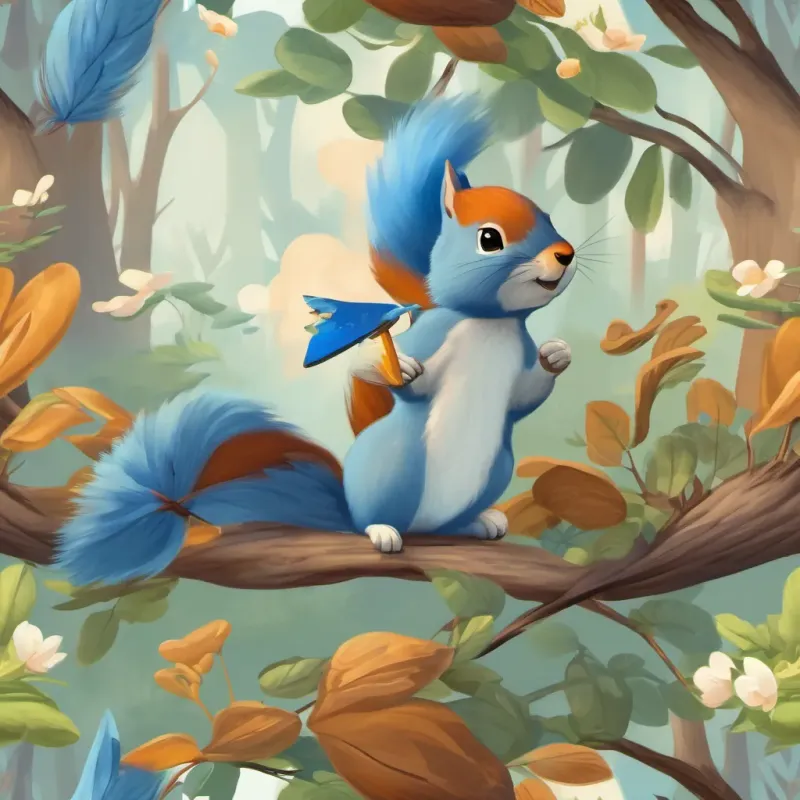 A squirrel running with its tail up, approaching a bluebird