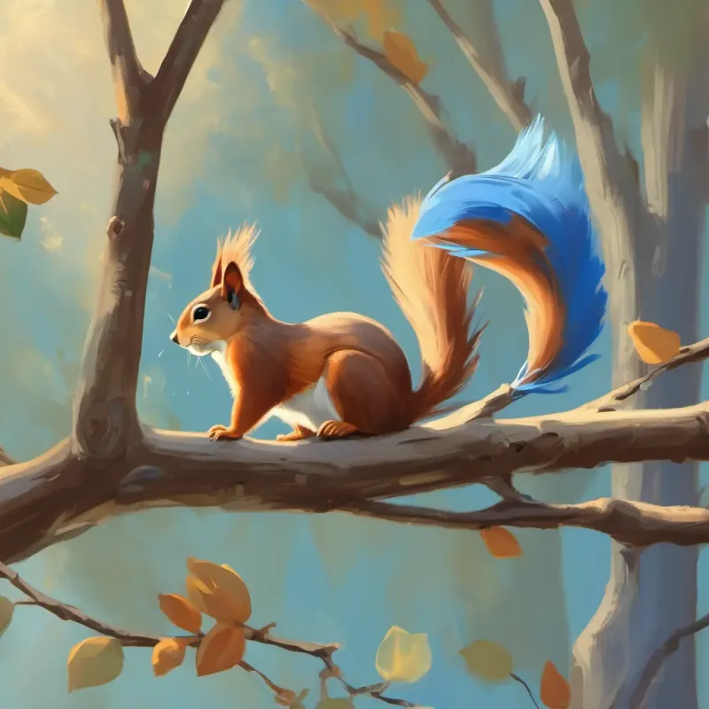 A squirrel talking to a bluebird perched on a branch