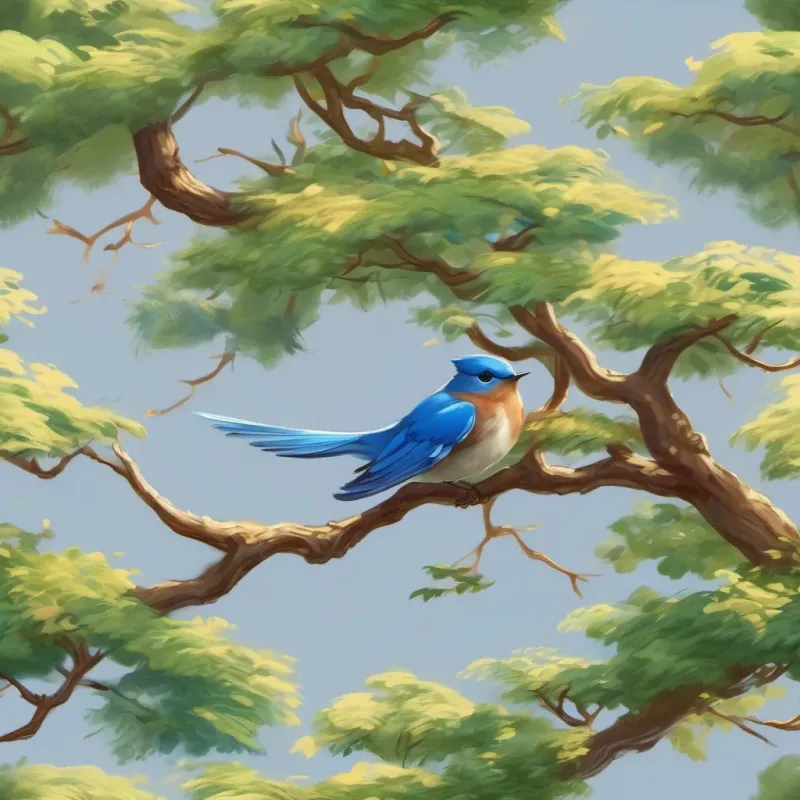 A bluebird flying away from a tree branch