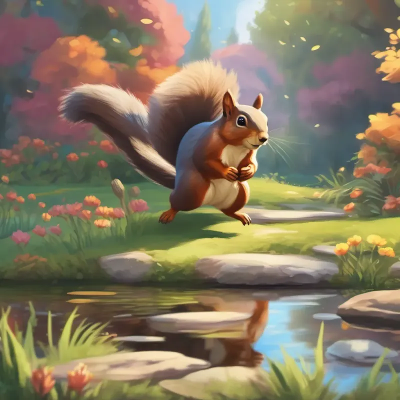 A squirrel hopping towards a pond