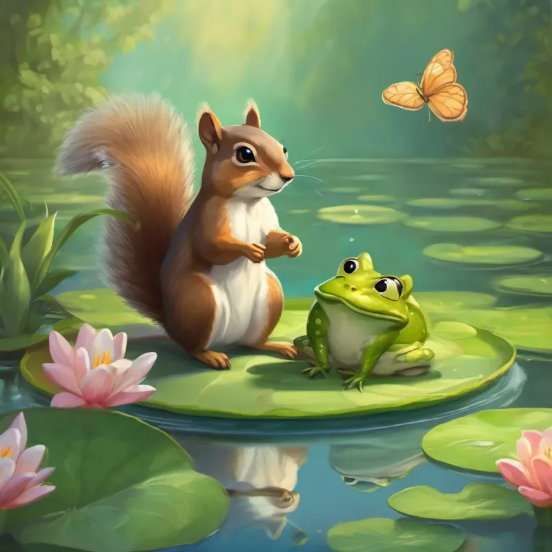 A squirrel talking to a frog sitting on a lily pad