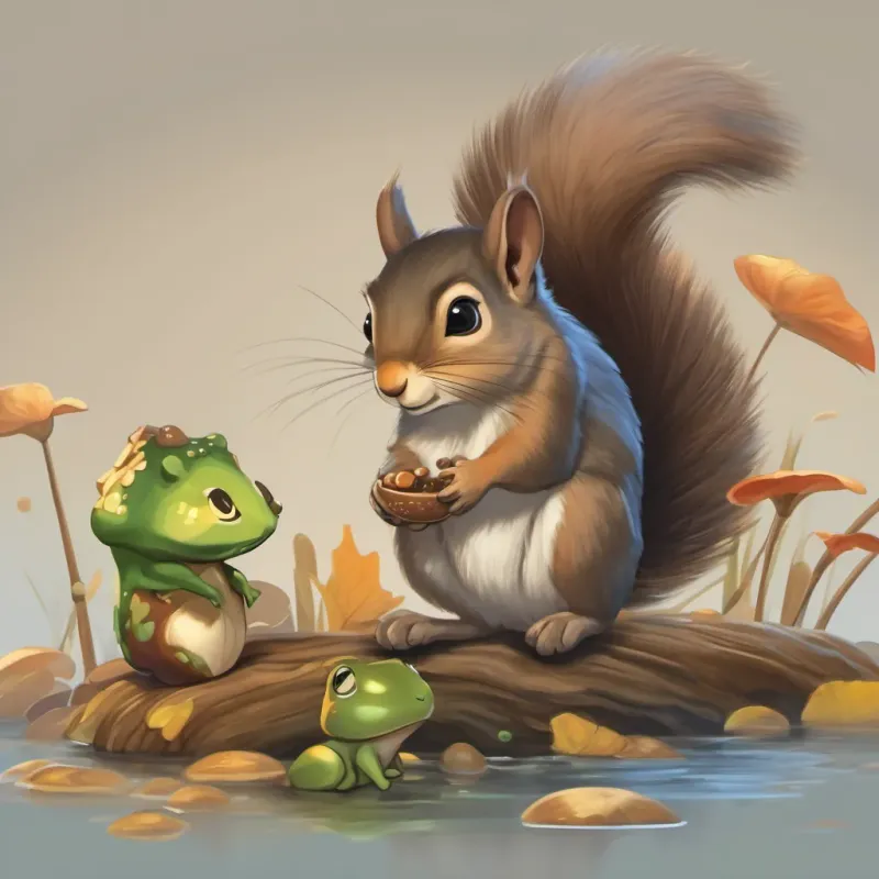 A sad-looking squirrel showing a frog an acorn