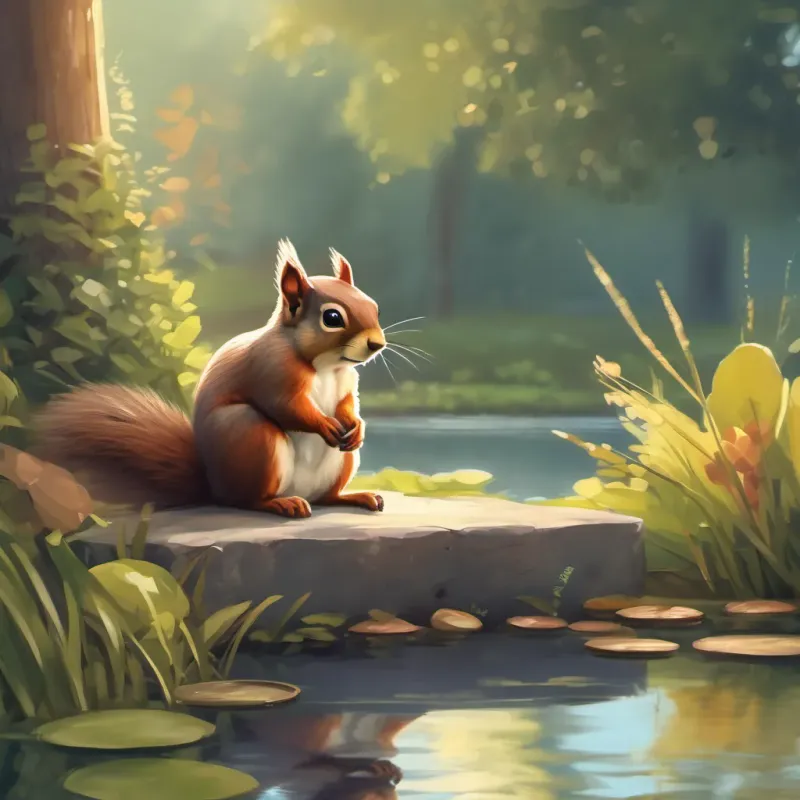 A sad squirrel sitting by a pond