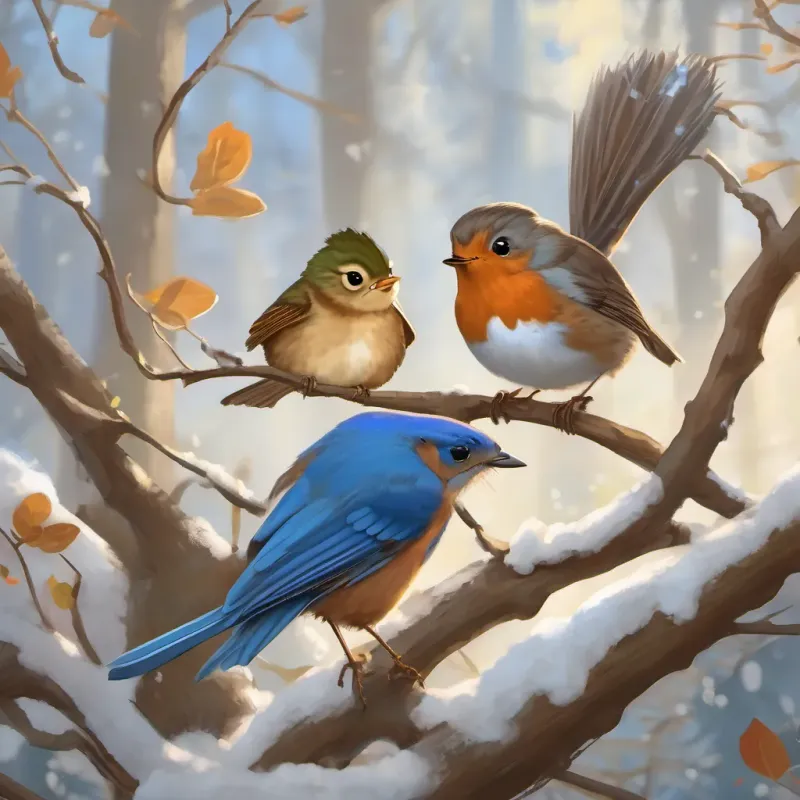 A robin, a bluebird, and a wet frog standing around a squirrel