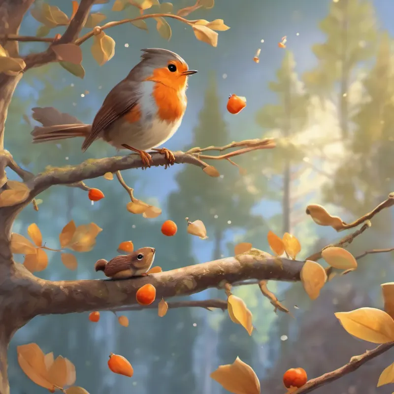 A robin dropping an acorn at a squirrel's feet