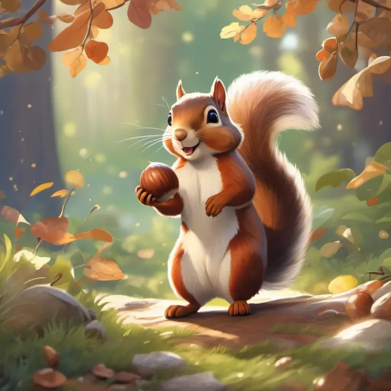 A happy squirrel holding up an acorn