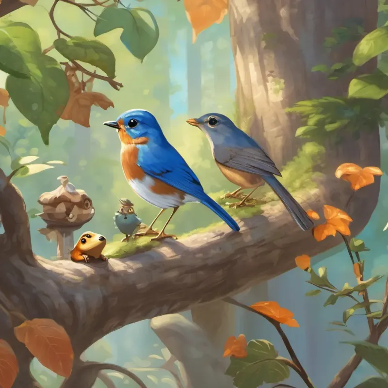 A robin, a bluebird, and a frog standing around a squirrel