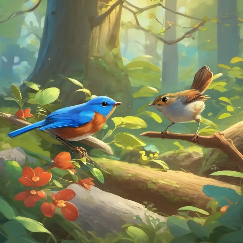 A robin, a bluebird, and a frog smiling at a squirrel