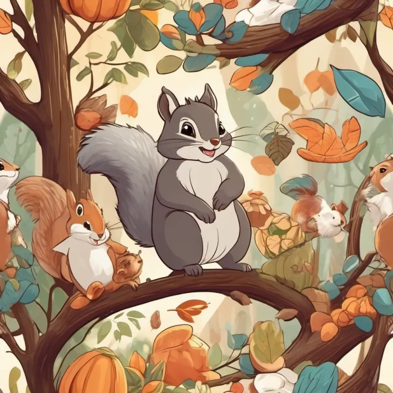 A happy squirrel surrounded by his friends