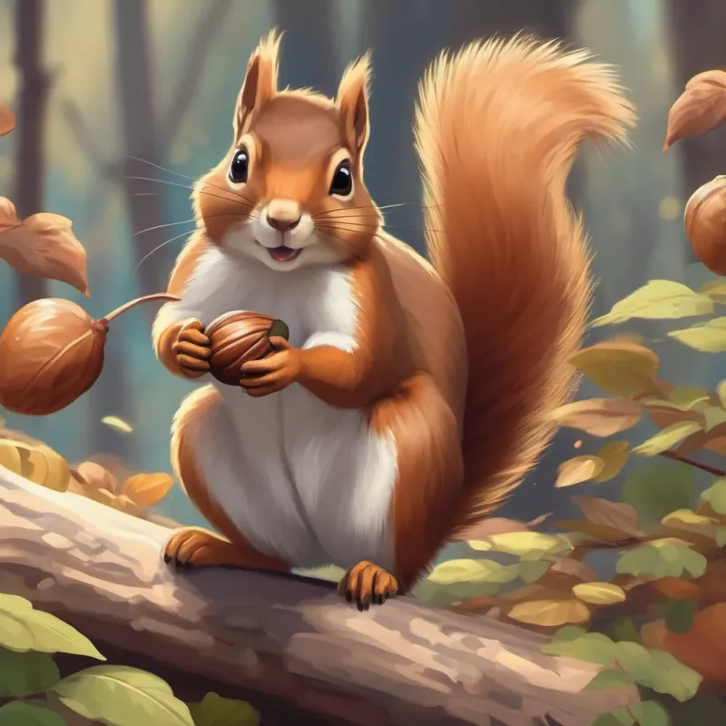 A squirrel looking worried, holding an acorn