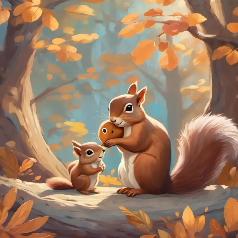 A mother squirrel comforting her baby