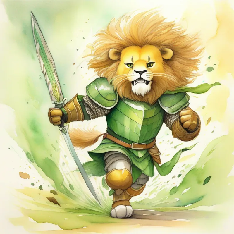 Young knight, green armor, scared expression, holding a sword. running from a Big yellow lion with a friendly expression.. Colors: green, brown.