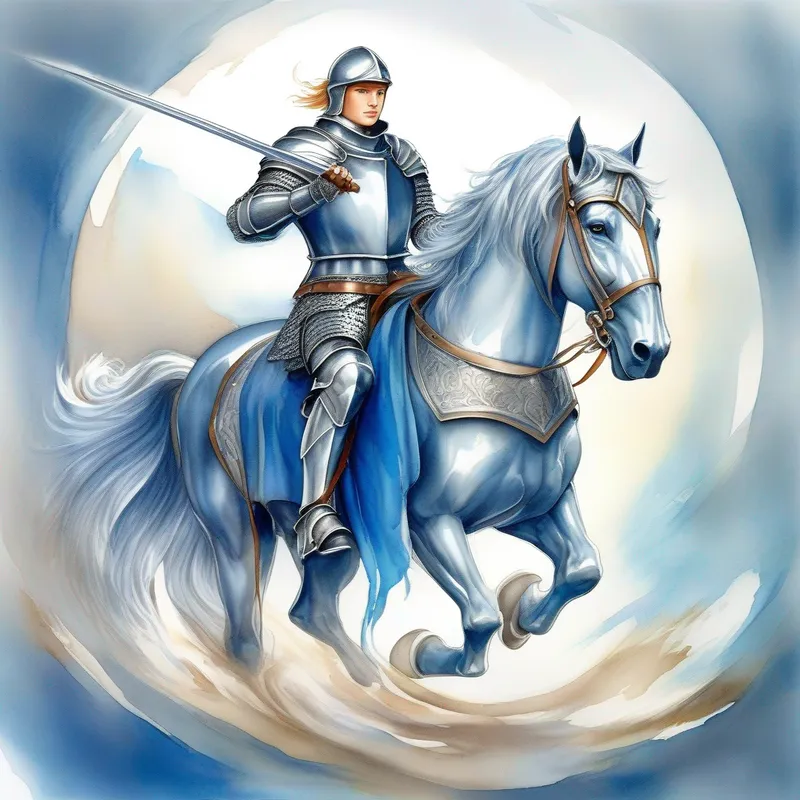 Brave knight, silver armor, confident expression, holding a shield. riding a horse. Colors: silver, blue.