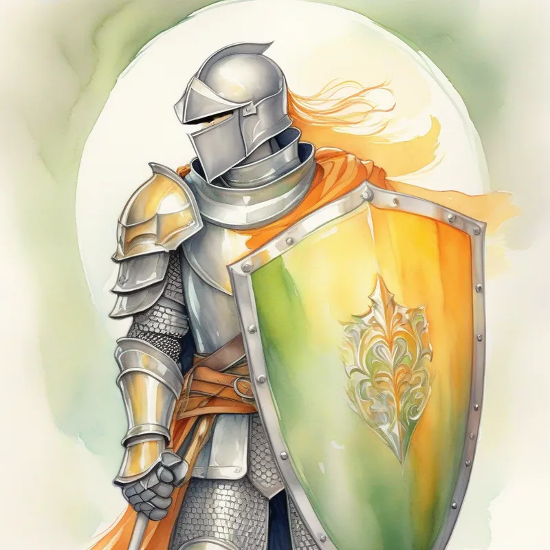 Brave knight, silver armor, confident expression, holding a shield. encouraging Young knight, green armor, scared expression, holding a sword.. Colors: yellow, orange.