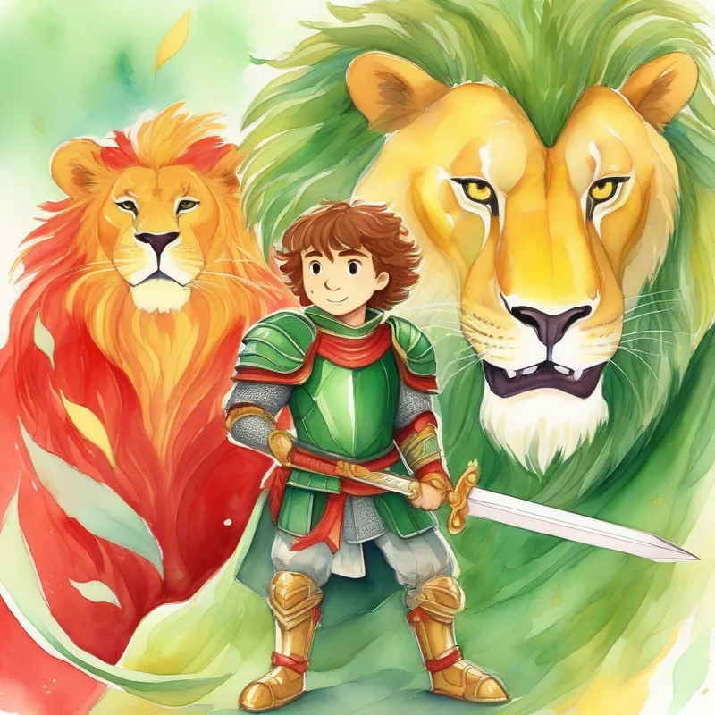 Young knight, green armor, scared expression, holding a sword. asking the king to train with the Big yellow lion with a friendly expression. tamer. Colors: red, gold.