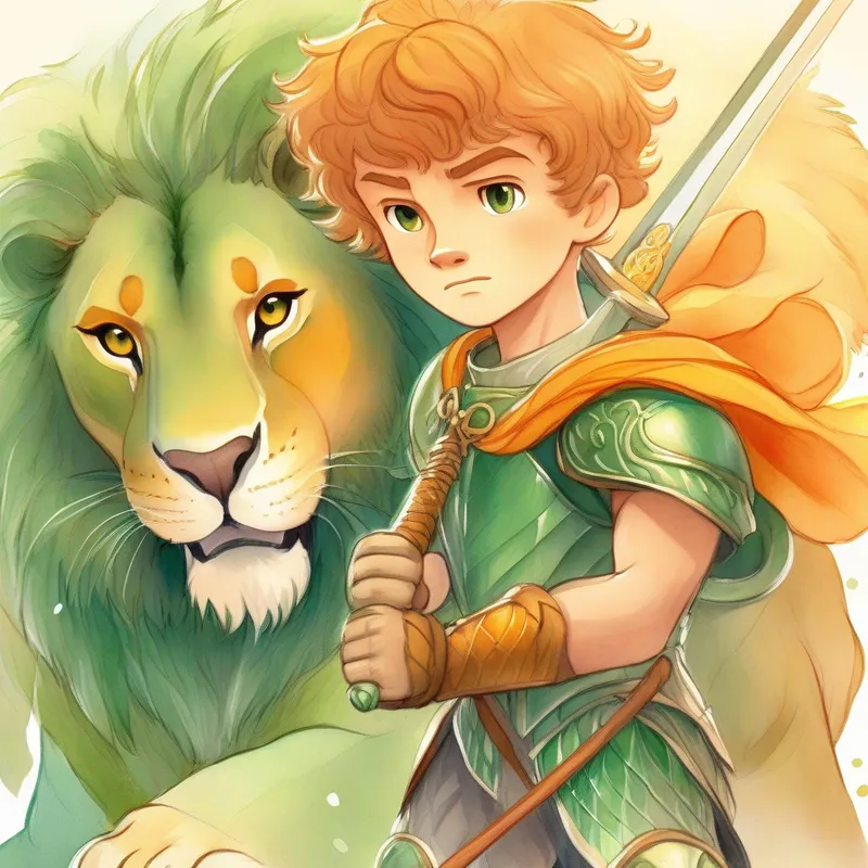 Young knight, green armor, scared expression, holding a sword. training with the Big yellow lion with a friendly expression. tamer and lions. Colors: brown, orange.