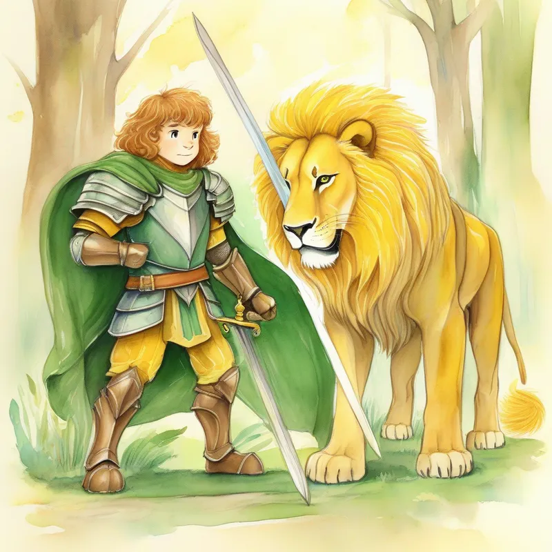 Young knight, green armor, scared expression, holding a sword. facing a real Big yellow lion with a friendly expression.. Colors: yellow, brown.