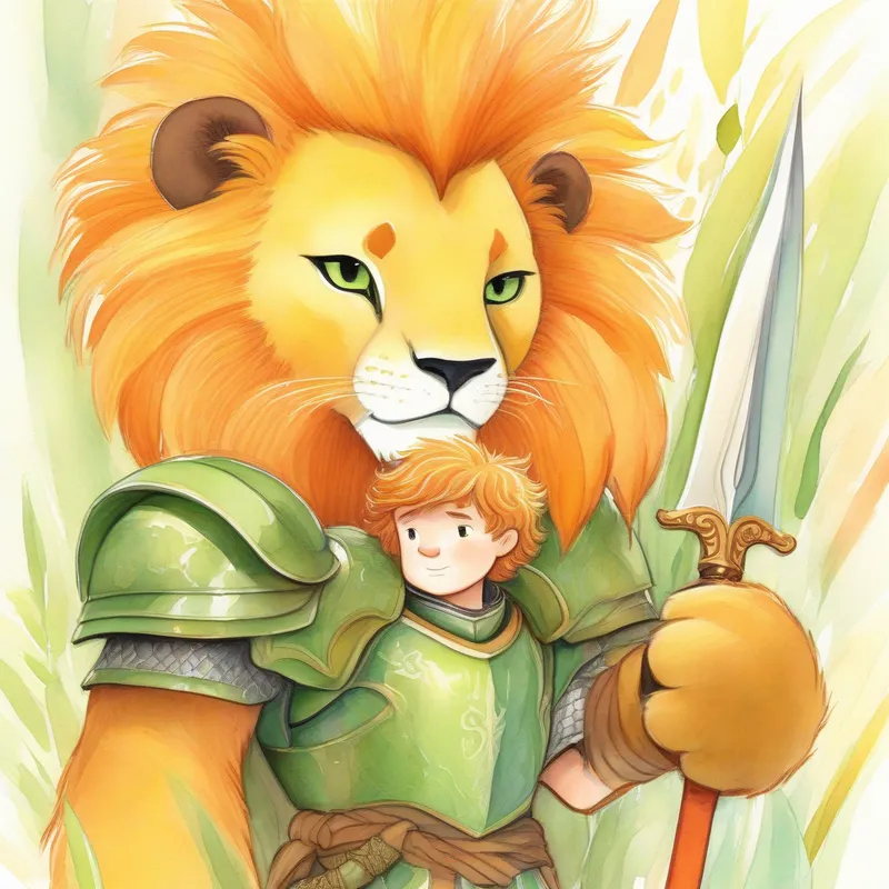 Young knight, green armor, scared expression, holding a sword. being nuzzled by a friendly Big yellow lion with a friendly expression.. Colors: orange, brown.
