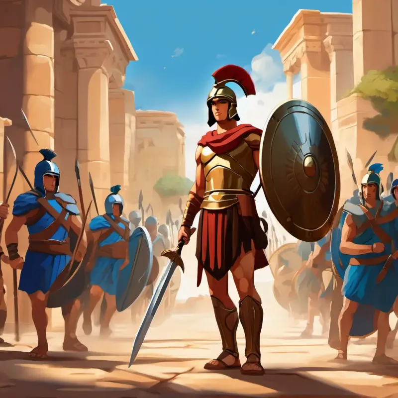 The city of Sparta with tall, marble buildings. Young Spartan warrior with bronze helmet, tan skin, and determined blue eyes, a young Spartan warrior, wearing a bronze helmet and holding a shield and sword while training with his friends.