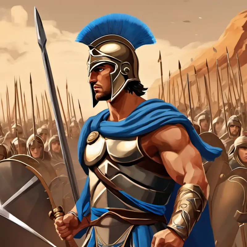 Young Spartan warrior with bronze helmet, tan skin, and determined blue eyes and his fellow Spartans marching towards the Persian army. Young Spartan warrior with bronze helmet, tan skin, and determined blue eyes looking determined and brave.