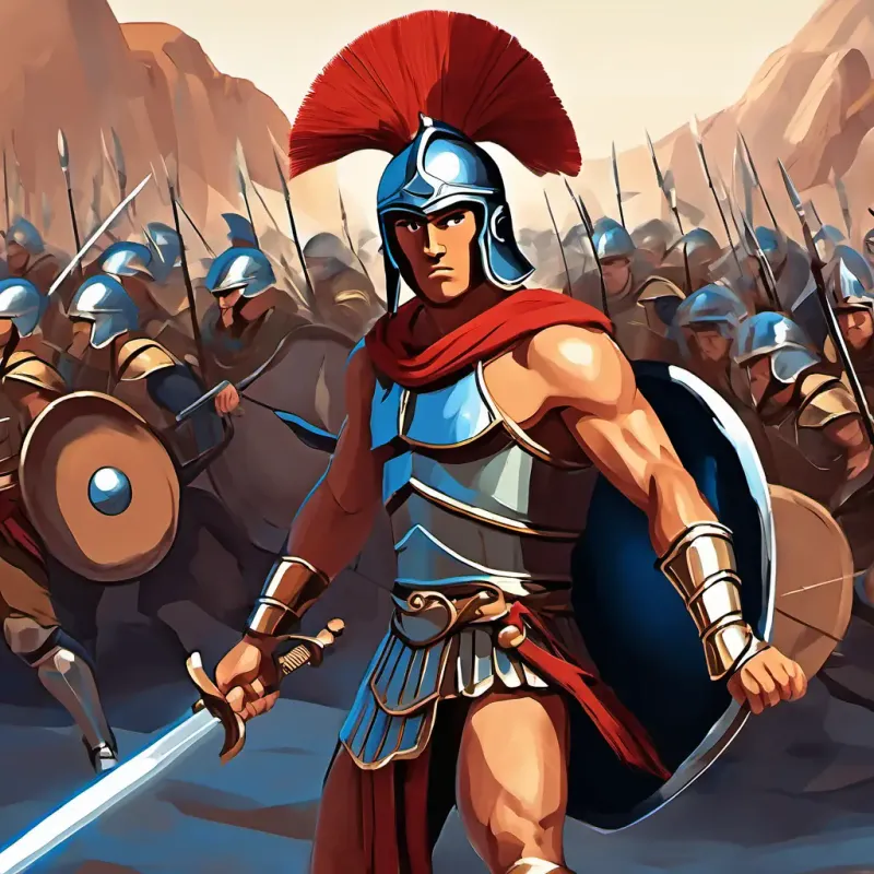 Young Spartan warrior with bronze helmet, tan skin, and determined blue eyes battling against Persian soldiers, showing bravery and determination. His fellow Spartans fighting alongside him.