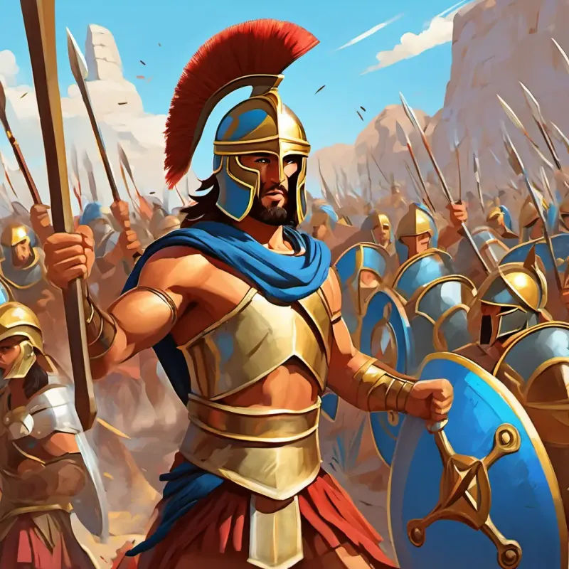 Young Spartan warrior with bronze helmet, tan skin, and determined blue eyes and his fellow Spartans celebrating their victory with joyful expressions and raised weapons.