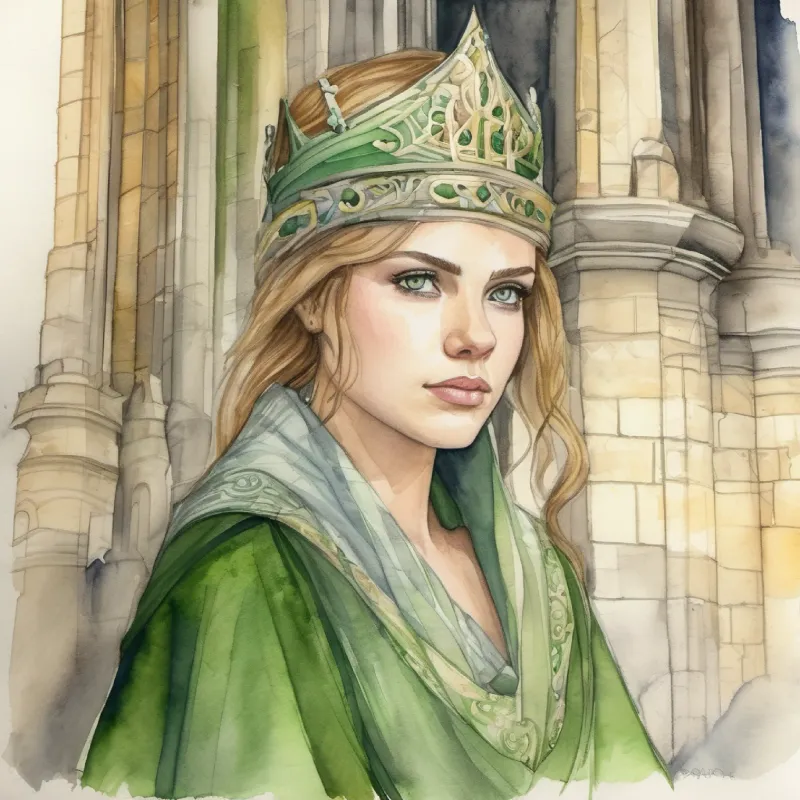 Ella: Young leader, fair skin, determined green eyes in tower, introspective, feeling uneasy about addressing the kingdom.