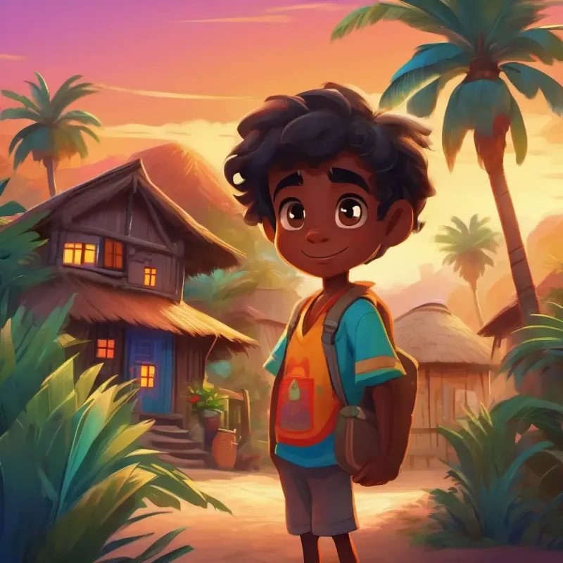 A curious young boy with dark skin and bright, twinkling eyes's home in a peaceful village, surrounded by palm trees, with colorful huts and curious friends.