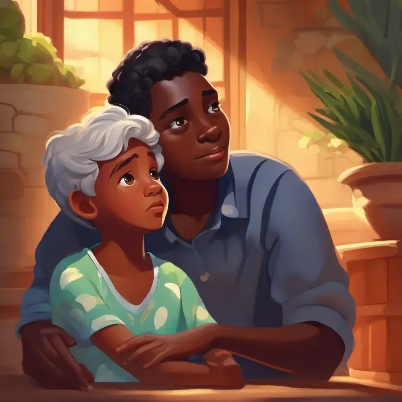 A curious young boy with dark skin and bright, twinkling eyes's grandmother noticing his habits, comforting him with warm and kind eyes.