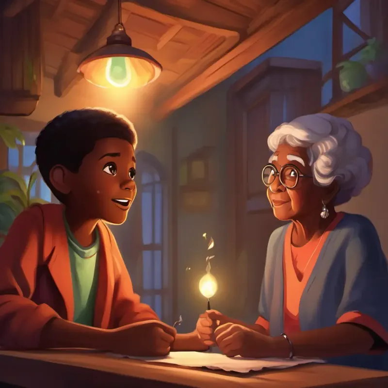 A curious young boy with dark skin and bright, twinkling eyes's grandmother explaining the importance of honesty and trust, making him determined to do better.
