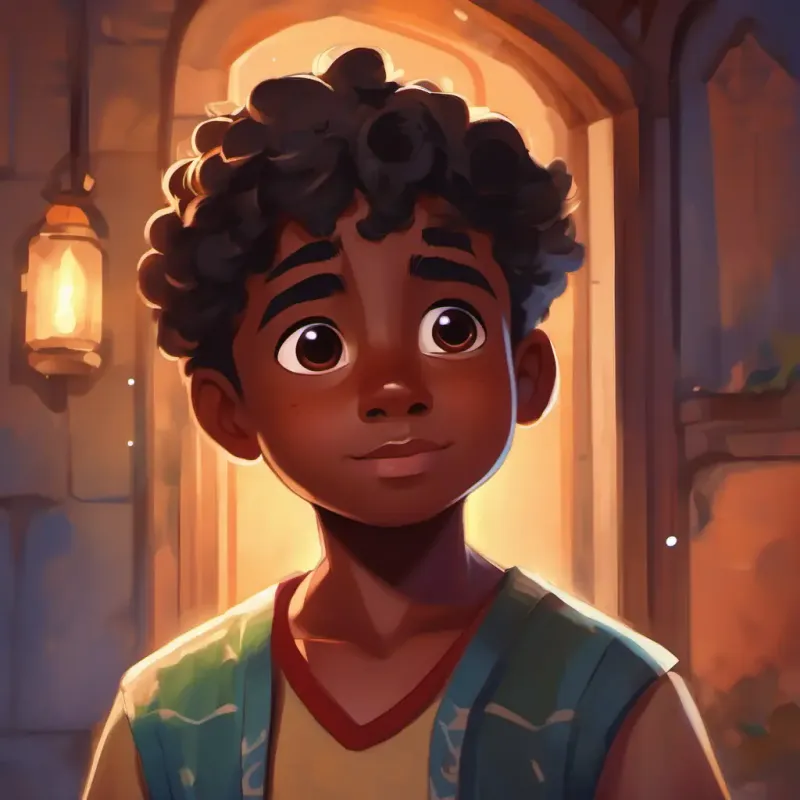 A curious young boy with dark skin and bright, twinkling eyes apologizing to his friends, feeling proud of making things right.