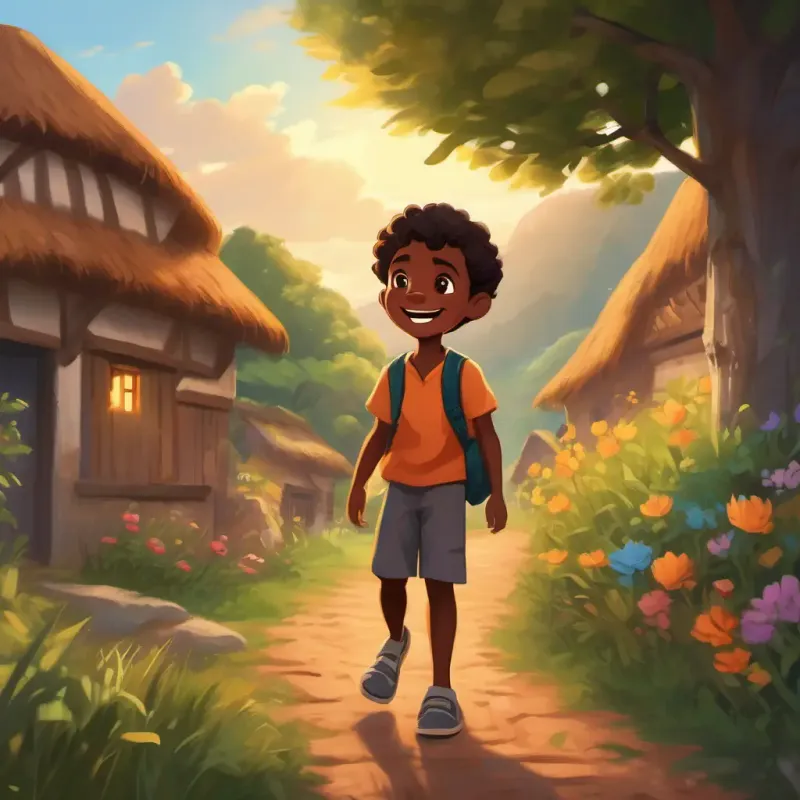A curious young boy with dark skin and bright, twinkling eyes's journey teaching him about understanding, empathy, and positive reinforcement, bringing laughter and happiness to his village.