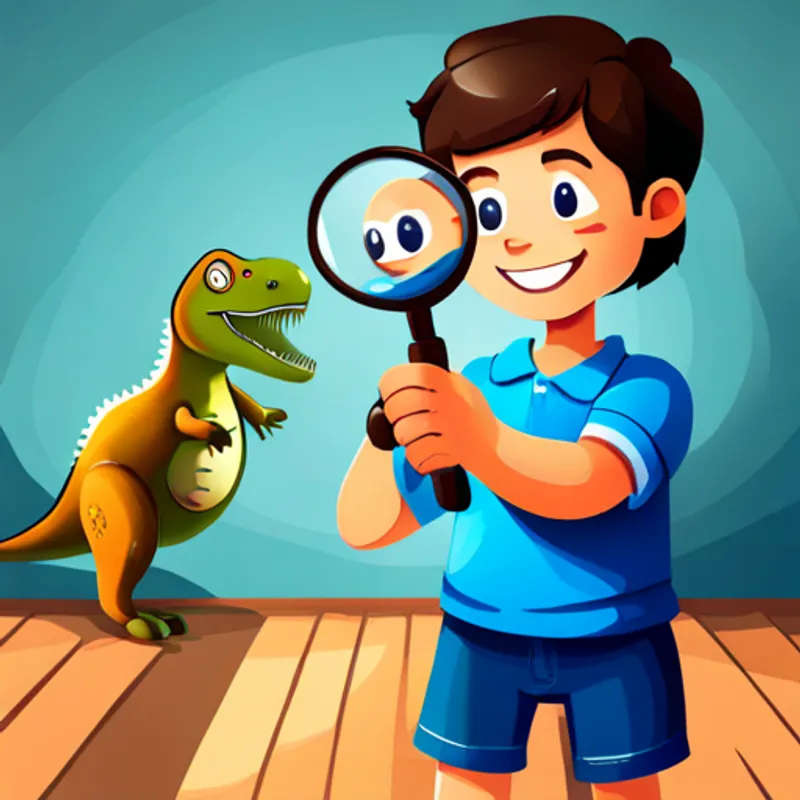 Boy with brown hair, blue t-shirt, and magnifying glass holds a dinosaur toy and smiles