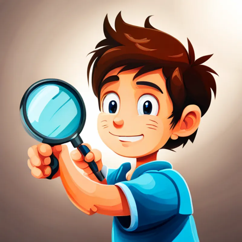 Boy with brown hair, blue t-shirt, and magnifying glass with a magnifying glass and a map
