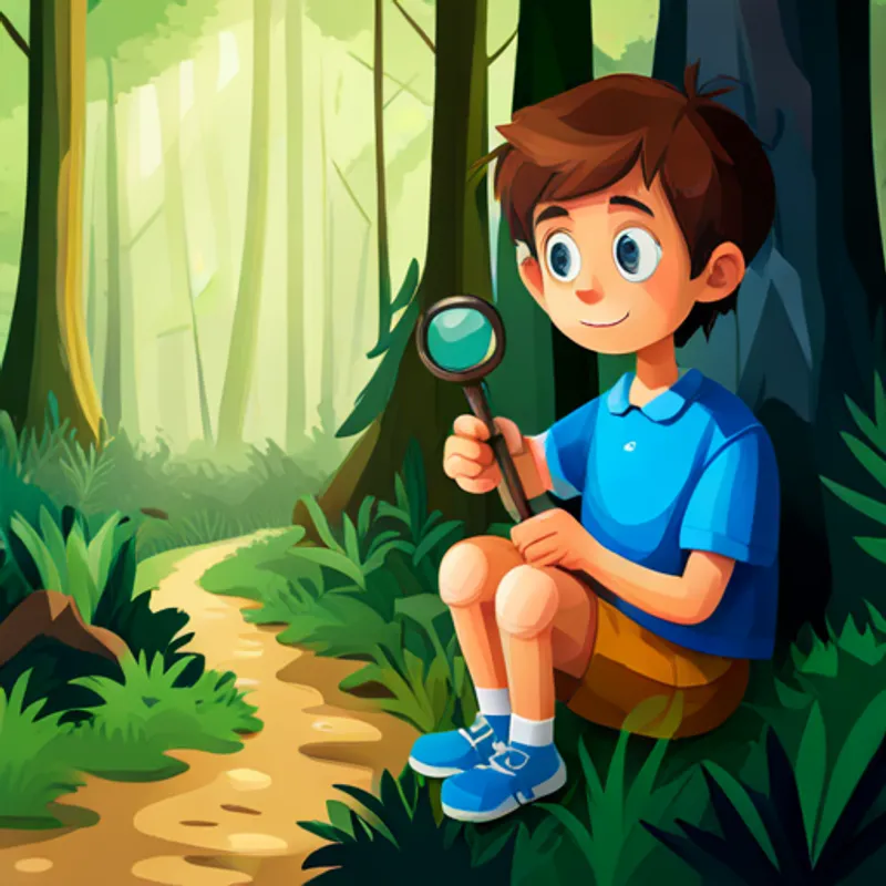 Boy with brown hair, blue t-shirt, and magnifying glass in a green forest with tall trees