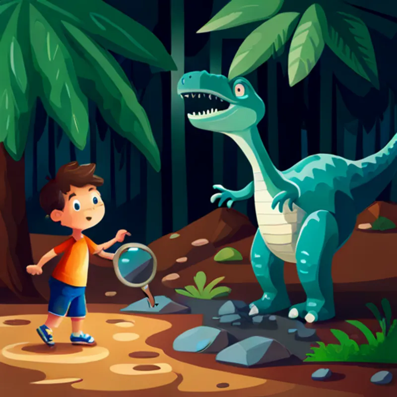 Boy with brown hair, blue t-shirt, and magnifying glass pointing at large dinosaur footprints