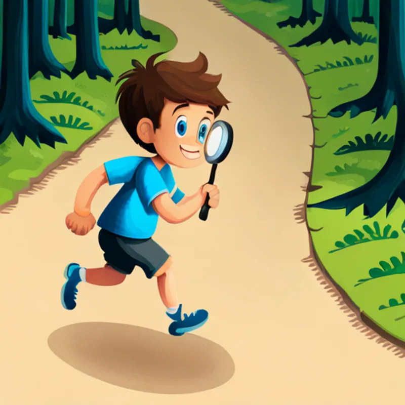 Boy with brown hair, blue t-shirt, and magnifying glass running on the trail of footprints