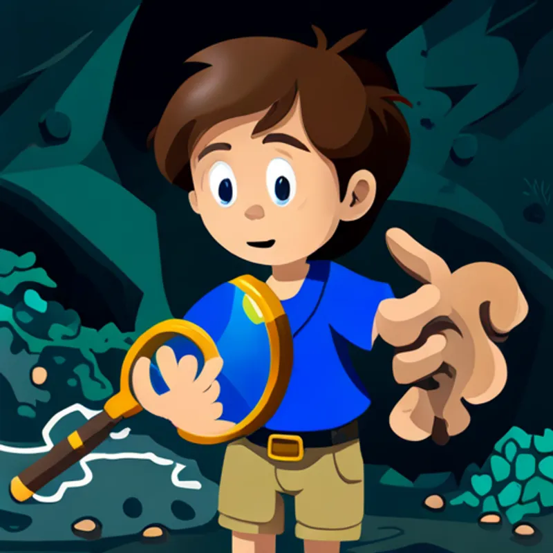 Boy with brown hair, blue t-shirt, and magnifying glass in a dimly lit cave with fossils