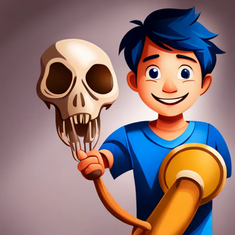 Boy with brown hair, blue t-shirt, and magnifying glass holding a dinosaur skull and smiling