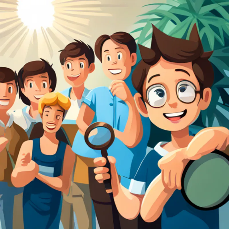 Boy with brown hair, blue t-shirt, and magnifying glass with a crown and a happy crowd
