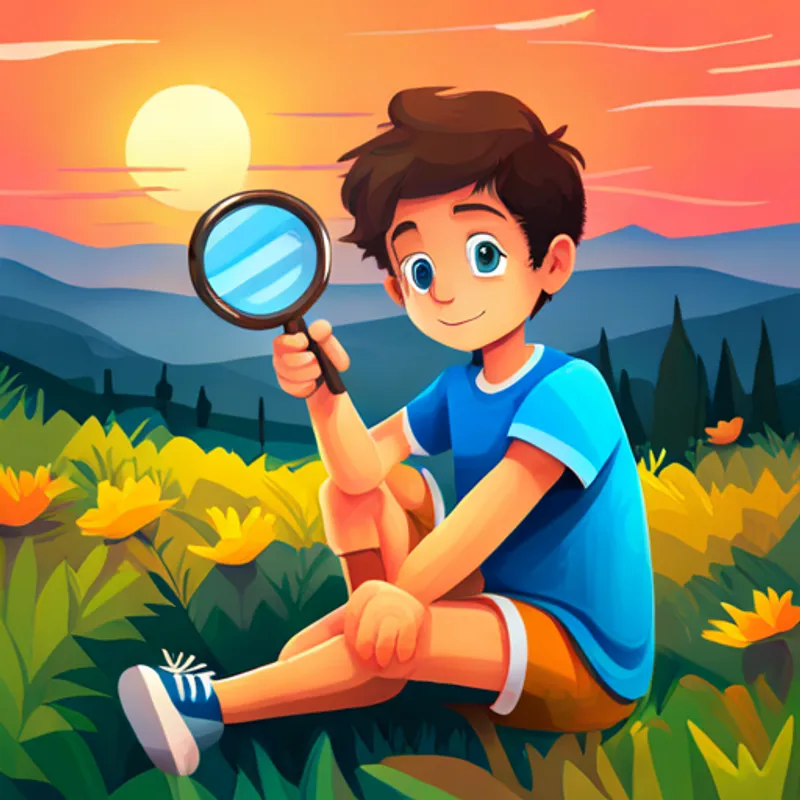 Boy with brown hair, blue t-shirt, and magnifying glass with a journal and a sunset backdrop