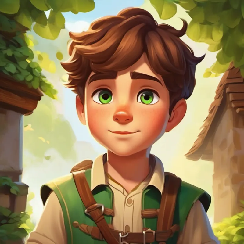 Setting up A brave young boy with brown hair and big, curious green eyes's character as courageous and hinting at village myths.