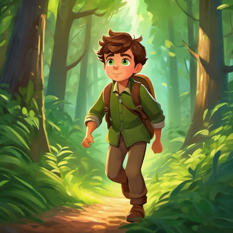 A brave young boy with brown hair and big, curious green eyes starts his adventure into the forest.