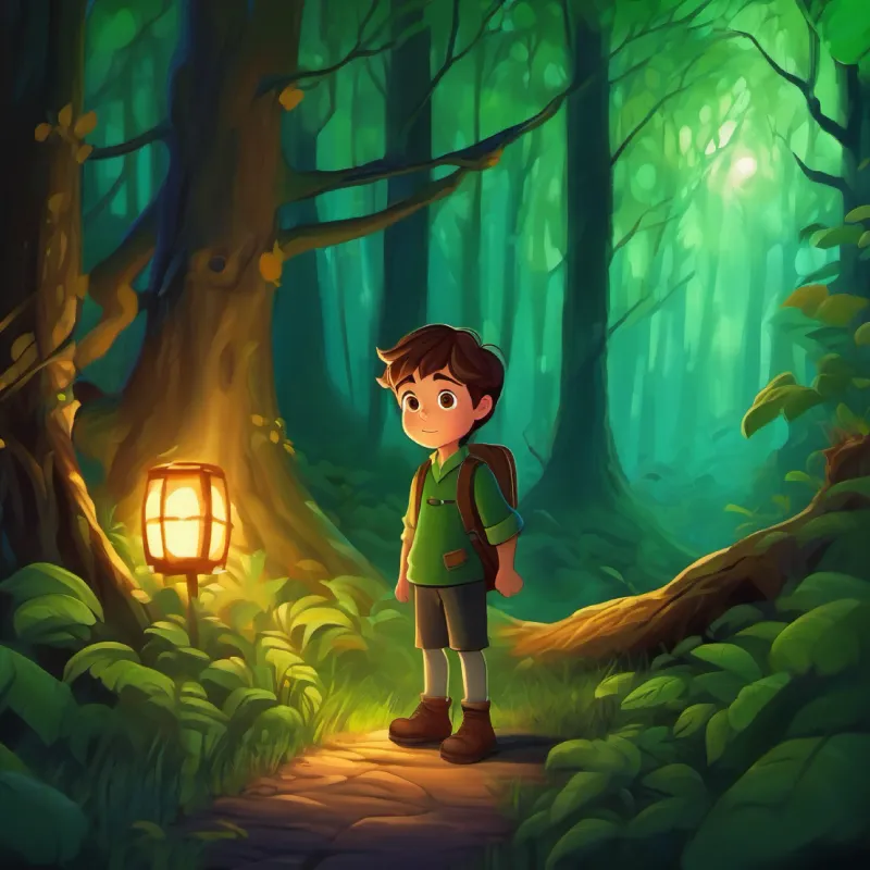 Creating a spooky ambiance as A brave young boy with brown hair and big, curious green eyes ventures deeper into the forest.