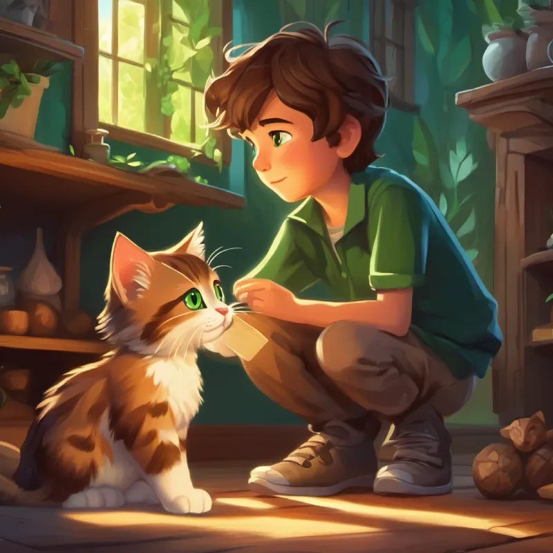 A brave young boy with brown hair and big, curious green eyes decides to help the kitten and they discover something magical.