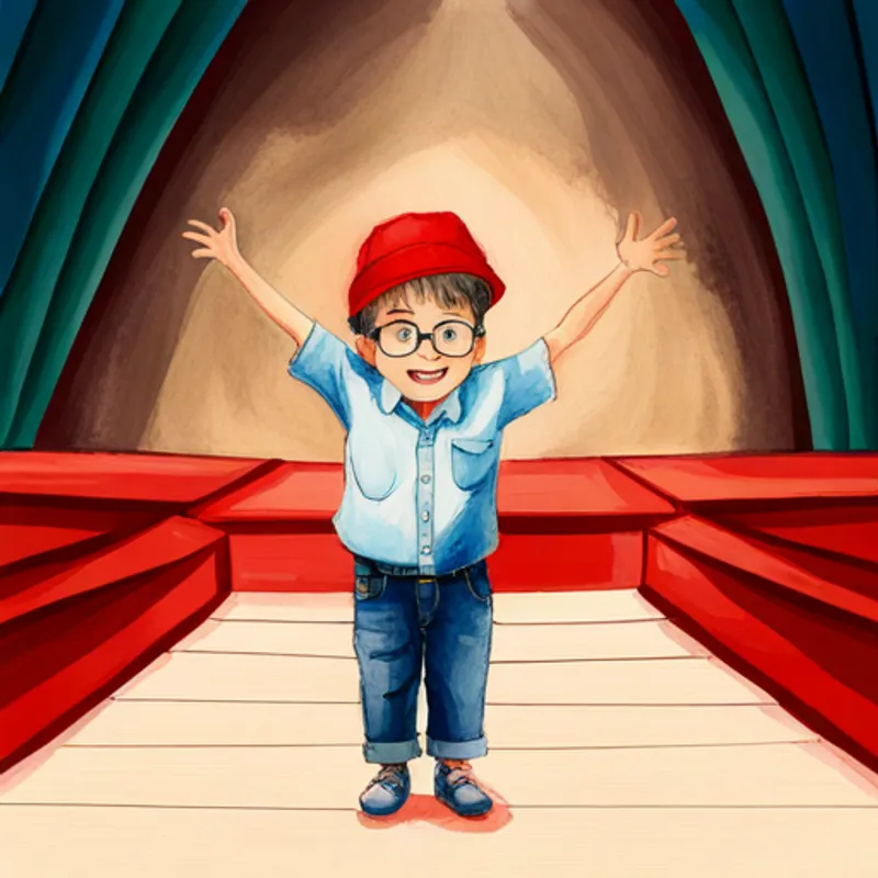 little boy with big dreams, wearing glasses, and a red hat on the stage, performing with a bright smile